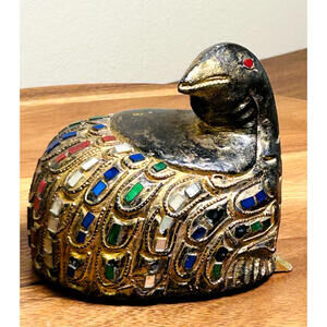 Wood Jeweled Bird Figurine: Thai Sculpture with Mosaic Inlay